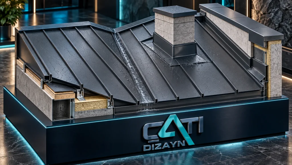 Metal kenet çatıda dere, baca çevresi ve parapet birleşimlerinin üç boyutlu teknik detayları