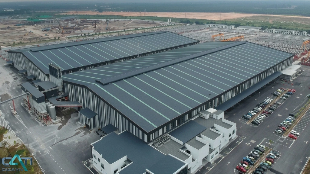 Modern endüstriyel üretim tesisinde geniş metal çatı kaplama yüzeyleri ve çatı üstü ekipmanları