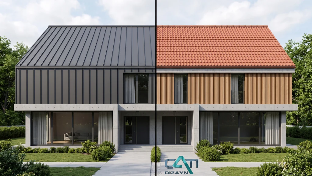 Modern villada antrasit metal kenet çatı ile geleneksel kiremit çatının karşılaştırmalı görünümü
