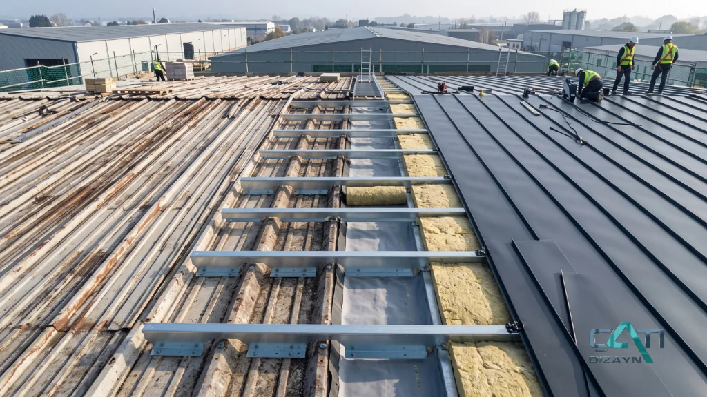 Mevcut metal çatı üzerine alt konstrüksiyonla uygulanan yeni antrasit kenet çatı sisteminin kesit görünümü