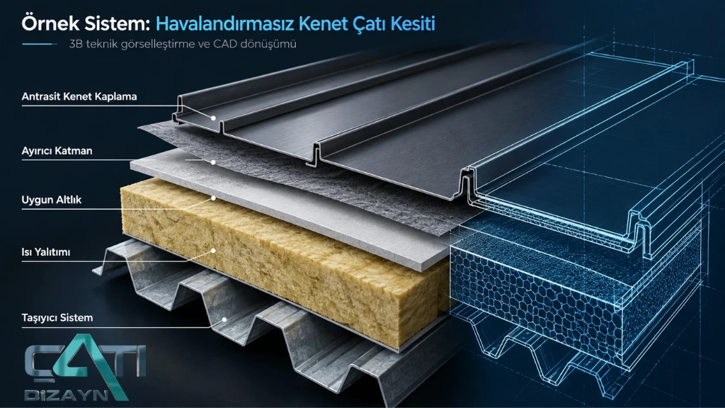 Metal kenet çatı kesitinde kaplama panelleri, yalıtım katmanları ve taşıyıcı altlığın üç boyutlu görünümü